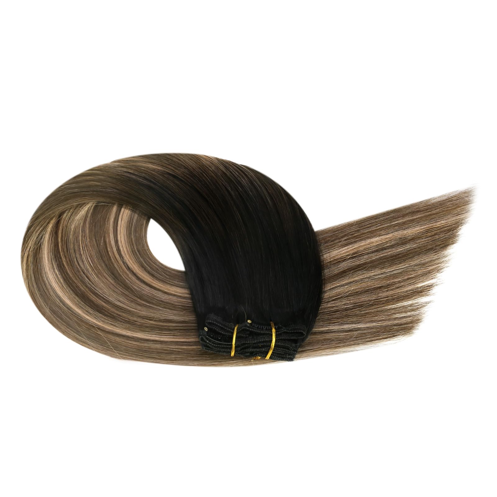 Ugeat Przedłużanie Włosów Clip in, Włosy Ludzkie, Balayage Naturalna Czerń do Crązu, 55 cm 7 sztuk 120g, Włosy Clip in Extensions Blond, Remy Naturalne Proste