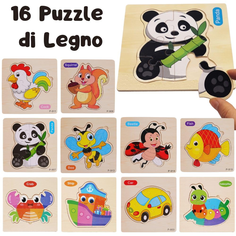 16 PCS Puzzle in Legno per Bambini di 1, 2 anni e 3, Regali per Compleanni e asilo nido, Giocattoli Educativi Montessori, Regali Originali, Puzzle in Legno con Animali (16 PUZZLE)