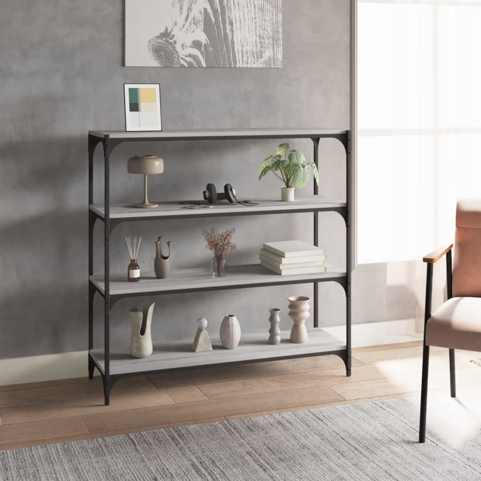 Homgoday Sonoma Étagère en contreplaqué en acier gris 100 x 33 x 100 cm, étagère, bibliothèque, bibliothèque, mobilier de bureau décoration salon maison salle bibliothèque meubles