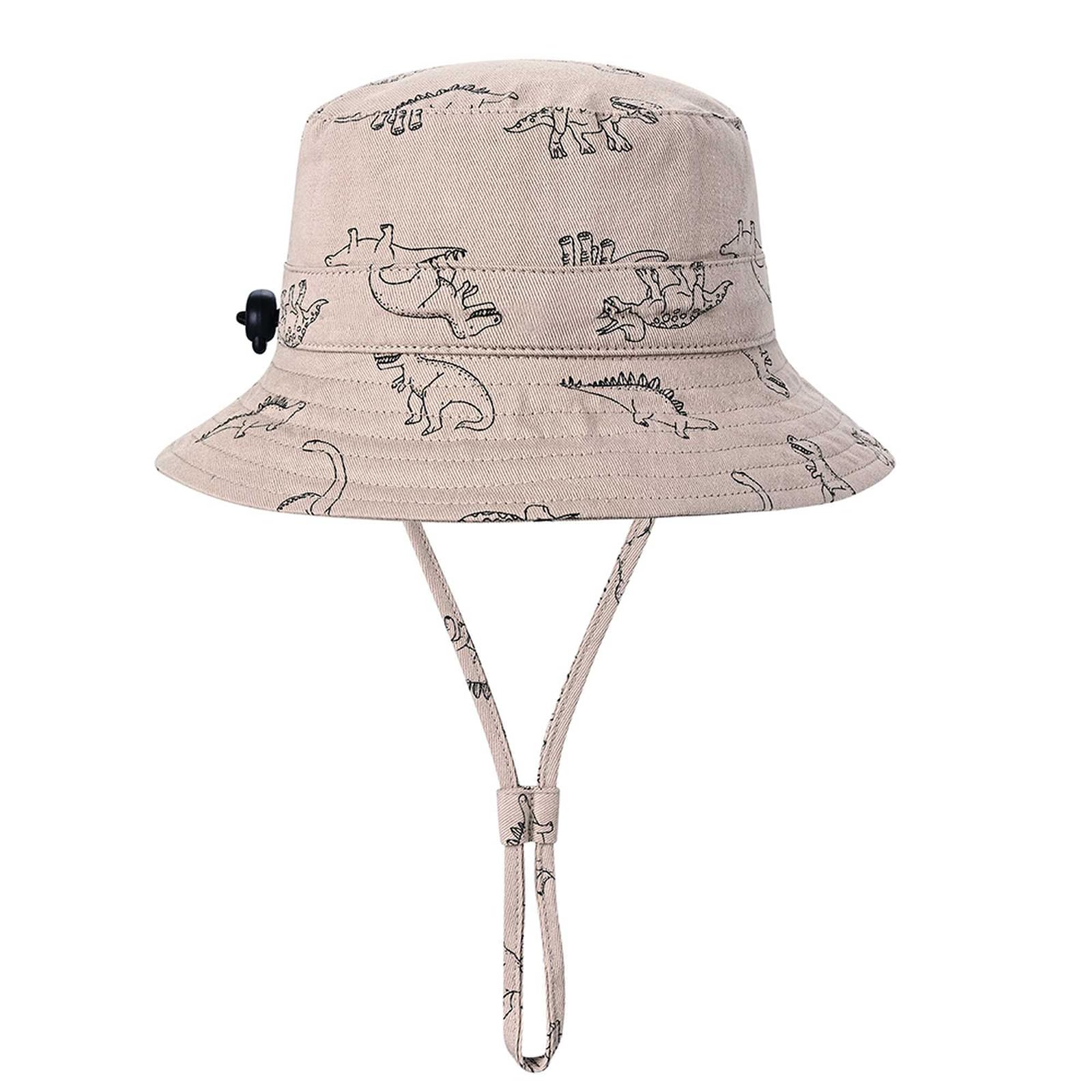 Baby Sun Hat Dinosaur UPF 50+ Beach Toddler Bucket Hat for Baby Boys, Toddler Kids Wide Brim Sun Hats Cap (US, Age, 2 Years, 4 Years, Khaki+Grey - 2pcs)