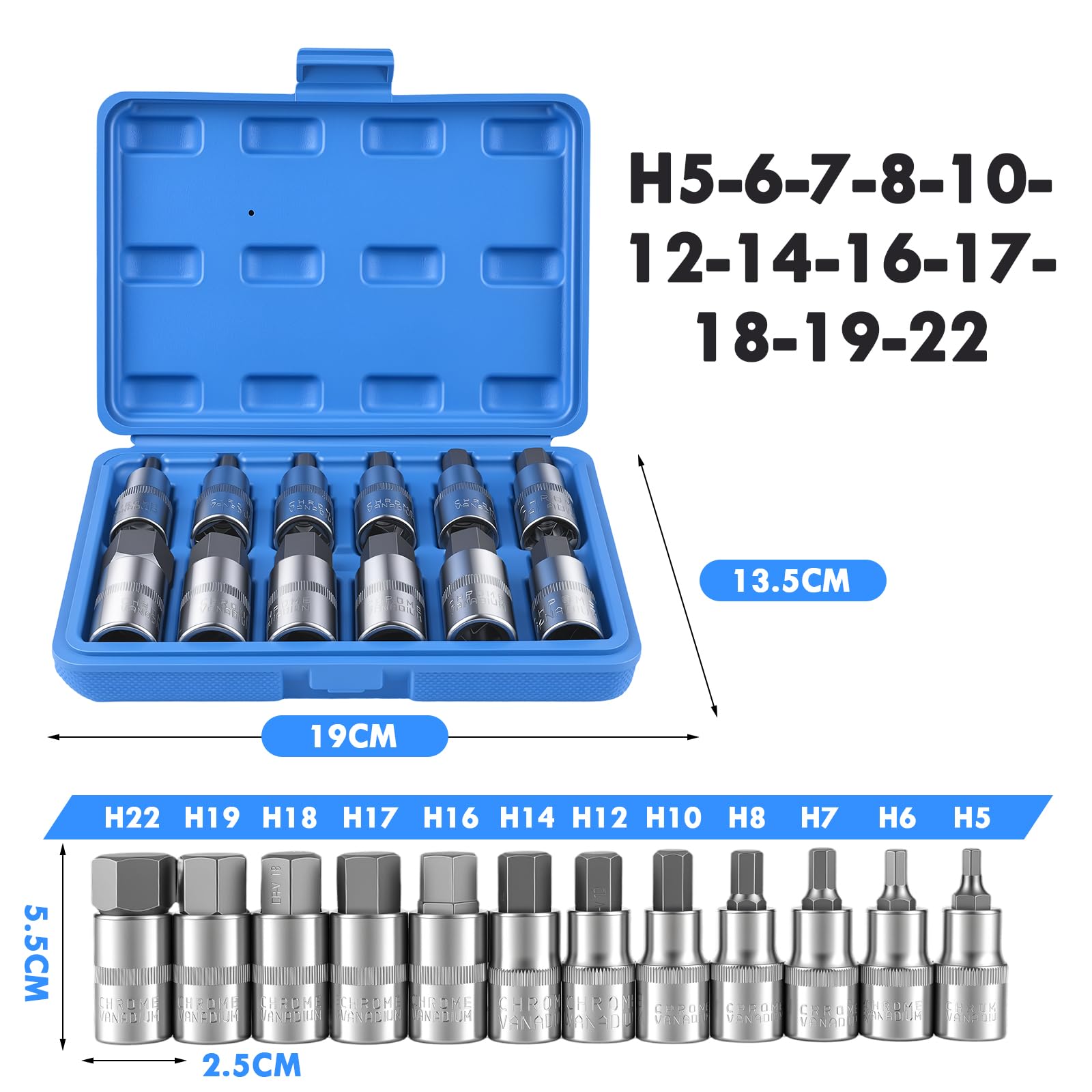 12 Pièces Jeu de Douille Allen 1/2,5-22mm Douilles à Choc Hexagonales,Douille Allen Douilles en Acier à Outils Avec étui Portable,Couple élevé,Anti Corrosion pour l'automobile et l'industrie (Bleu)