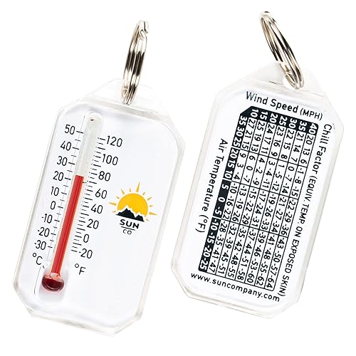 Sun Company Zip-o-gage 2 - Termómetro grande con cremallera para chaqueta, parka o mochila Termómetro de llavero grande para exteriores con gráfico
