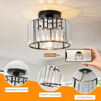 Black Crystal Ceiling Light for Hallway, Small Semi Flush Mount Fixture, 23cm Modern Lighting for Kitchen, Dining Room, Living Room, Bedroom