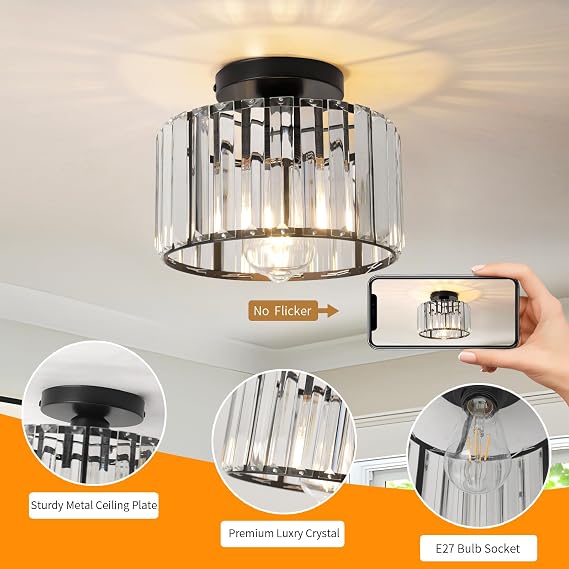 Black Crystal Ceiling Light for Hallway, Small Semi Flush Mount Fixture, 23cm Modern Lighting for Kitchen, Dining Room, Living Room, Bedroom