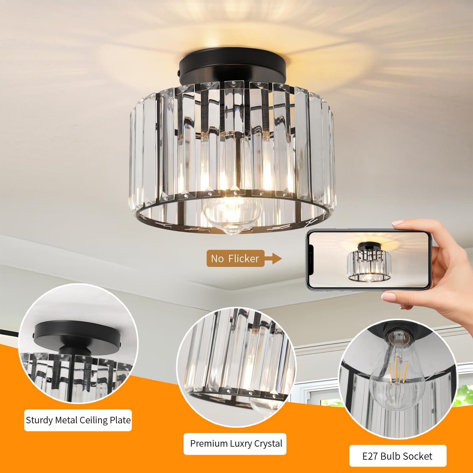 Hudi Fyier Black Crystal Ceiling Light for Hallway Small Semi Flush Mount Fixture - Image 4