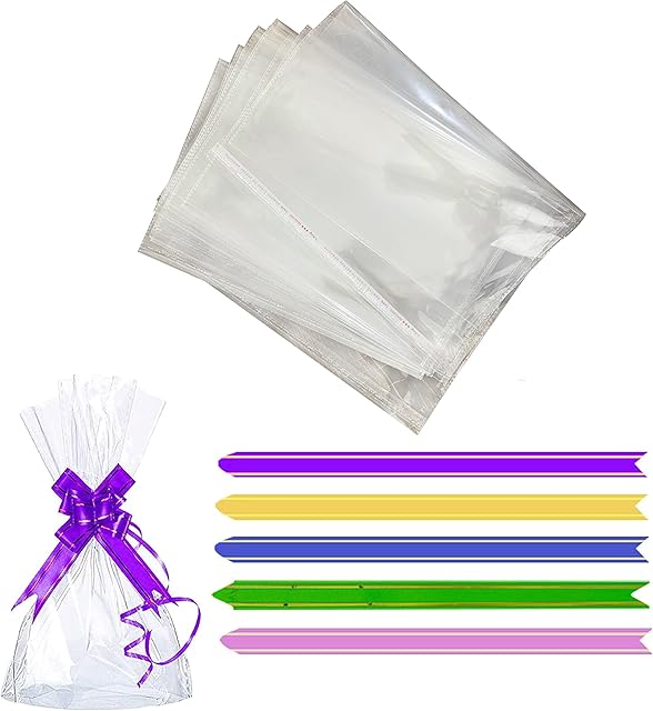 Axoware Cellophane Bags  100pcs Clear Cellophane Bags 6 x 10-inch for Snacks, Candy, Desserts  Premium Cookie Bags Cellophane Treat Bags for Lunch Box  Metallic Bag Ties Included