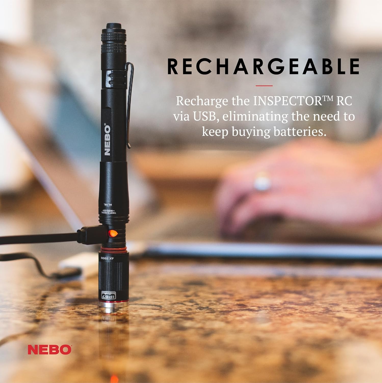 NEBO INSPECTOR RC Pen Light | 360 Lumens, 3 Light Modes, Rechargeable & AAA Battery Powered LED Flashlight, Waterproof, Compact & Durable, Pocket Clip for EDC, Includes USB Charging Cable