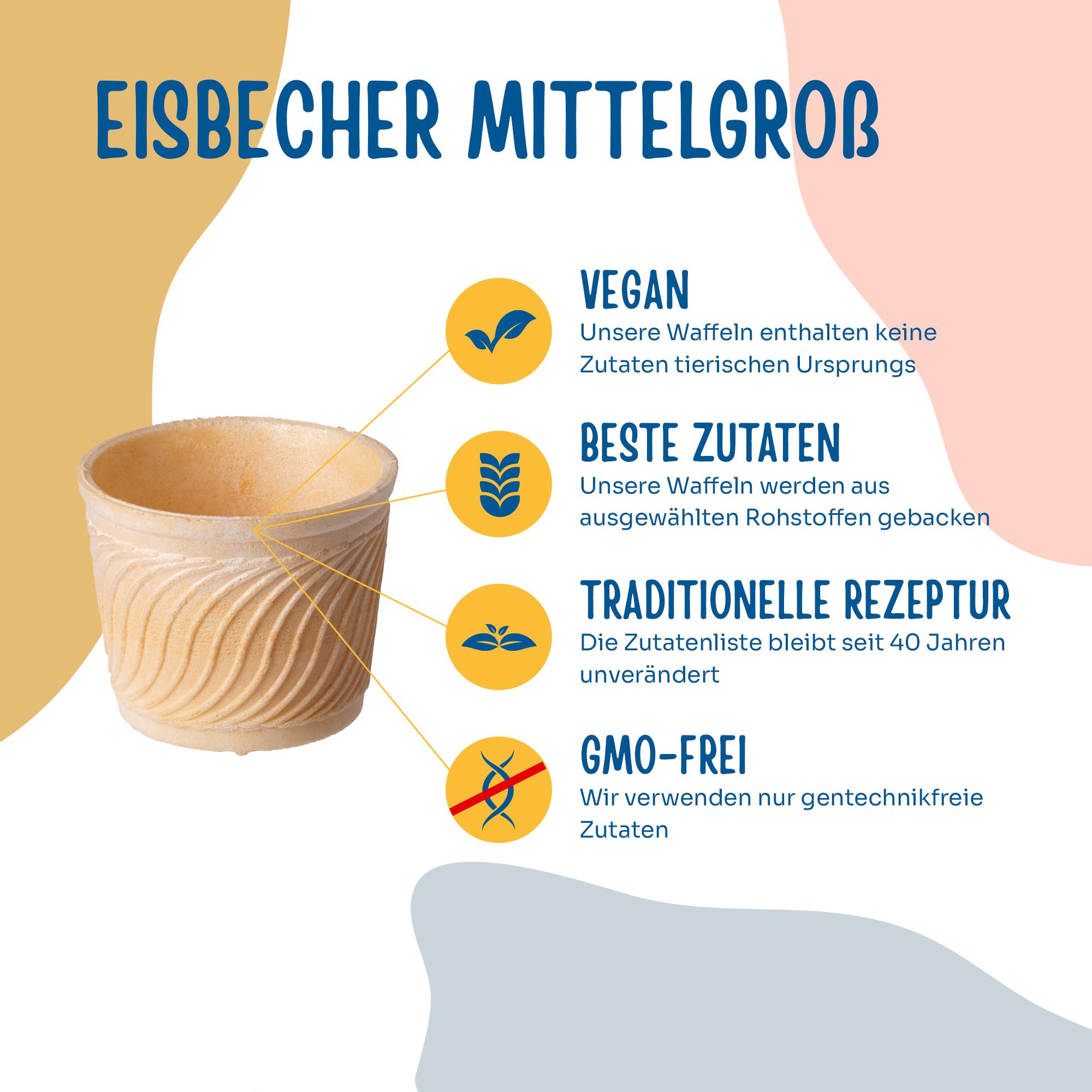 Bazko Eisbecher Mittelgroß | halbsüße Eiswaffeln 6,2 cm / 7,6 cm | 204 Stück | knusprige Eiswaffel Waffelbecher für Softeis, Gelato, Sorbet | vegan