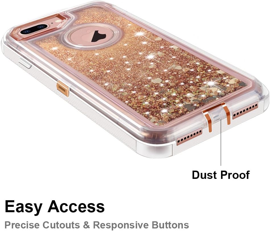 Anuck Case for iPhone 8 Plus Case, for iPhone 7 Plus Case 5.5 inch, 3 in 1 Hybrid Heavy Duty Defender Case Sparkly Floating Liquid Glitter Protective Hard Shell Shockproof TPU Cover - Rose Gold