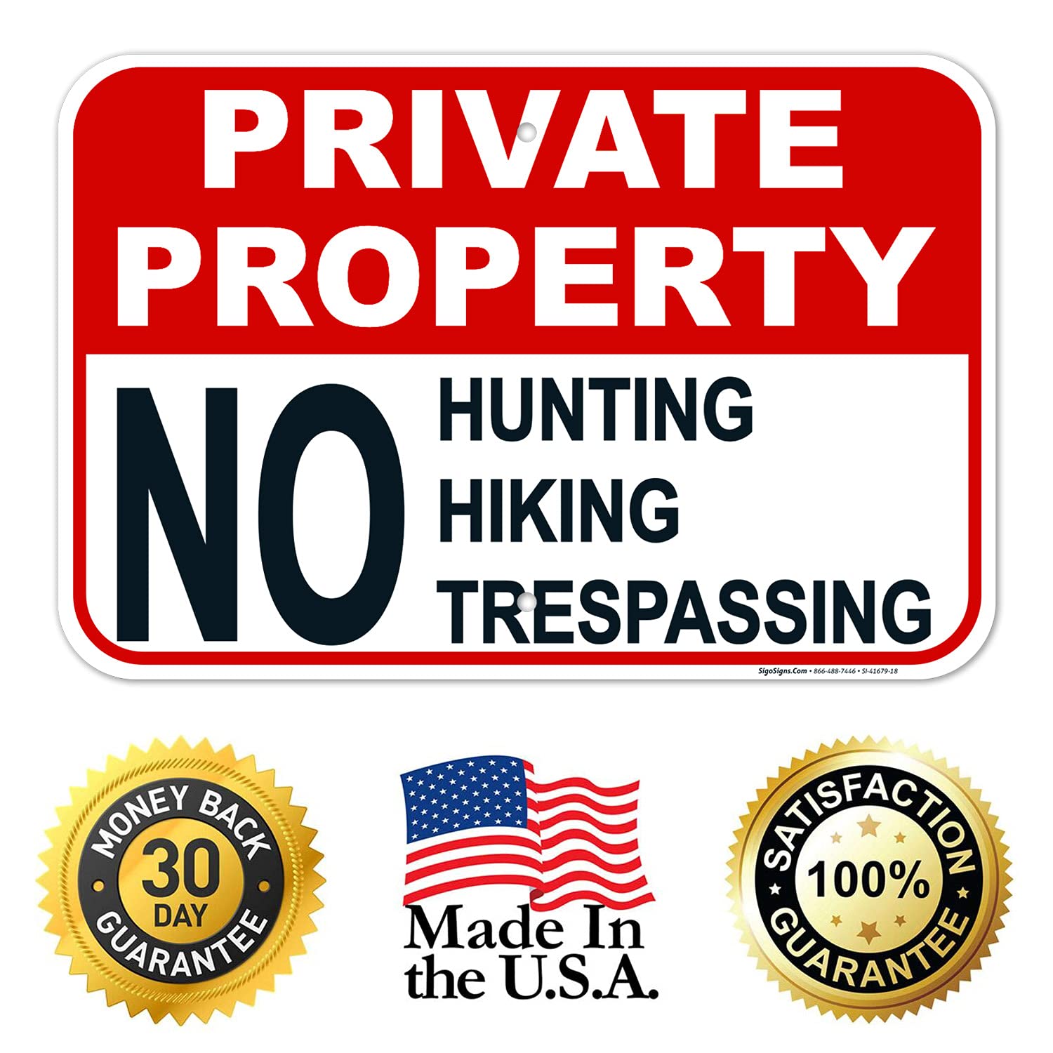 Private Property No Hunting Hiking Sign, 12x18 Inches, Rust Free .063 Aluminum, Fade Resistant, Made in USA