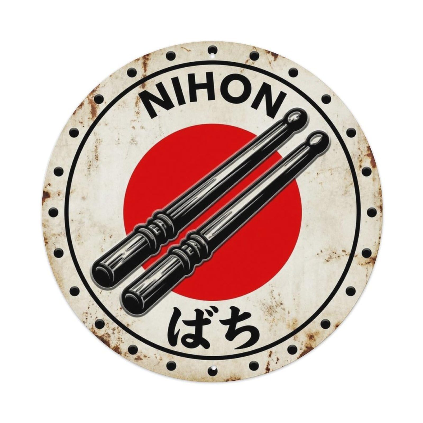 Taiko Bachi Nihon Drum Sticks Historic Heritage Seal Metal Tin Sign Plaque Wall Decor for Cafe, Man Cave, Club Bar, Office, Home Garden Round Metal Poster 8x8Inch