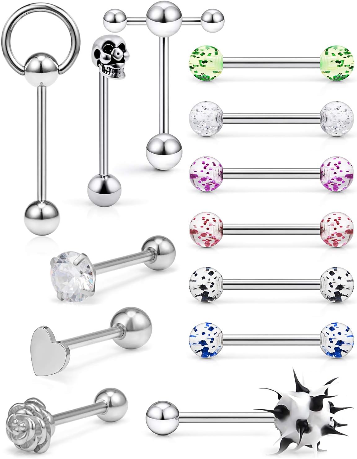 Hoeudjo 13Pcs 14G Surgical Steel Tongue Rings Teaser Double Barbell with Slave Ring Body Piercing Jewelry for Women Men, Skull/Flower/Heart/Clear CZ/Glitter Ball Closure