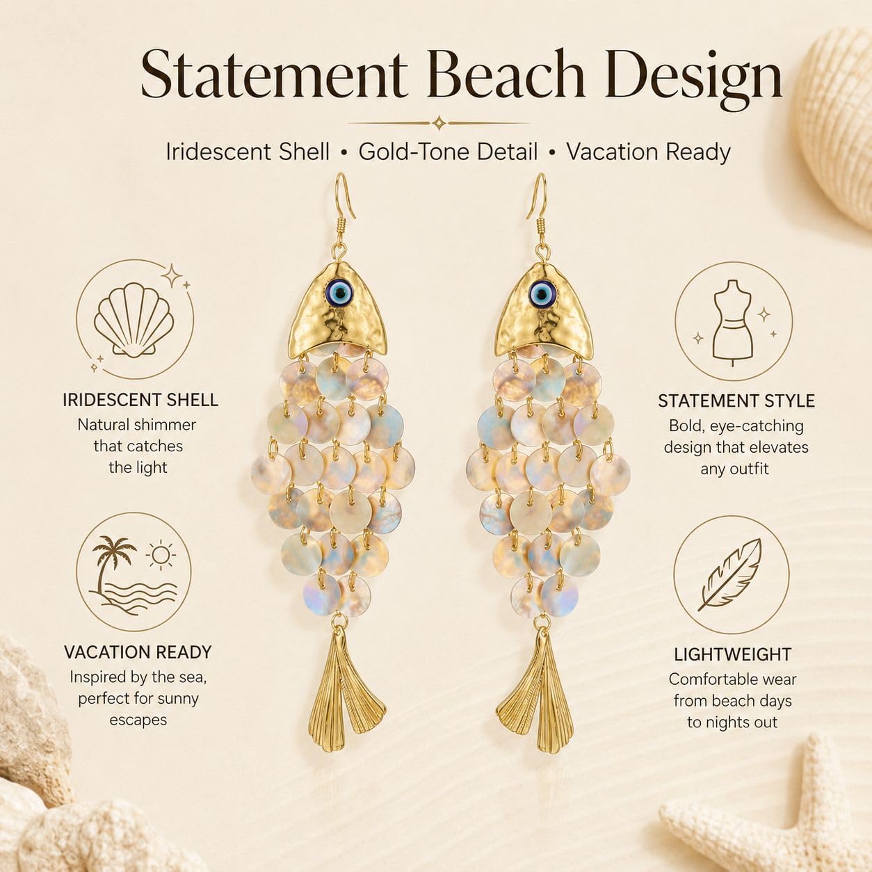 Fish Earrings for Women Shell Fish Dangle Earrings Gold Ocean Sea Life Drop Earring Beach Vacation Statement Jewelry Gifts image 4