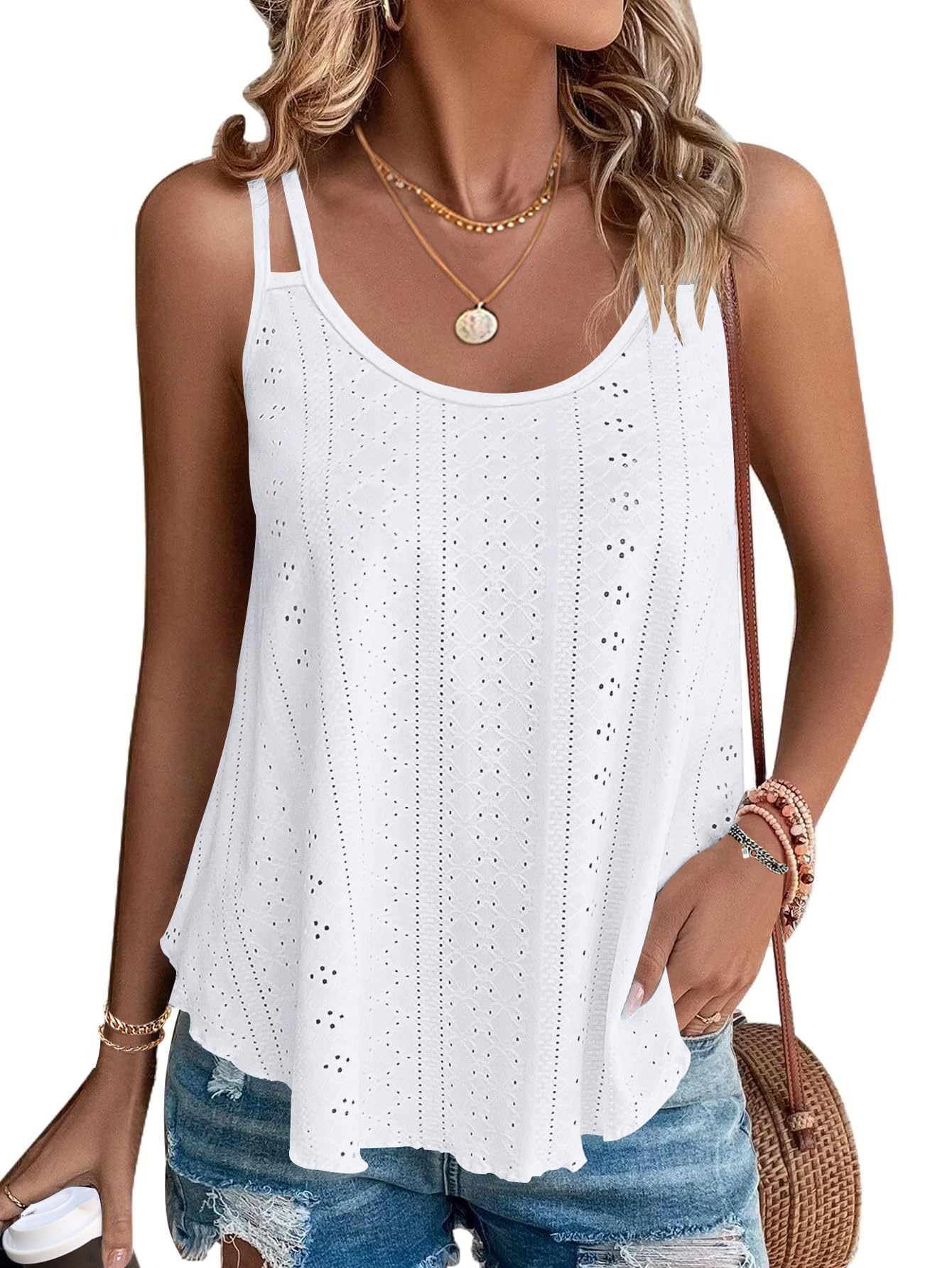 WNEEDU Camisetas sin Mangas de Verano para Mujer Chalecos sin Mangas para Mujer Top sin Mangas Loost Fit Camisas Casuales Chaleco Bordado con Ojales Blusas Cami Camisola