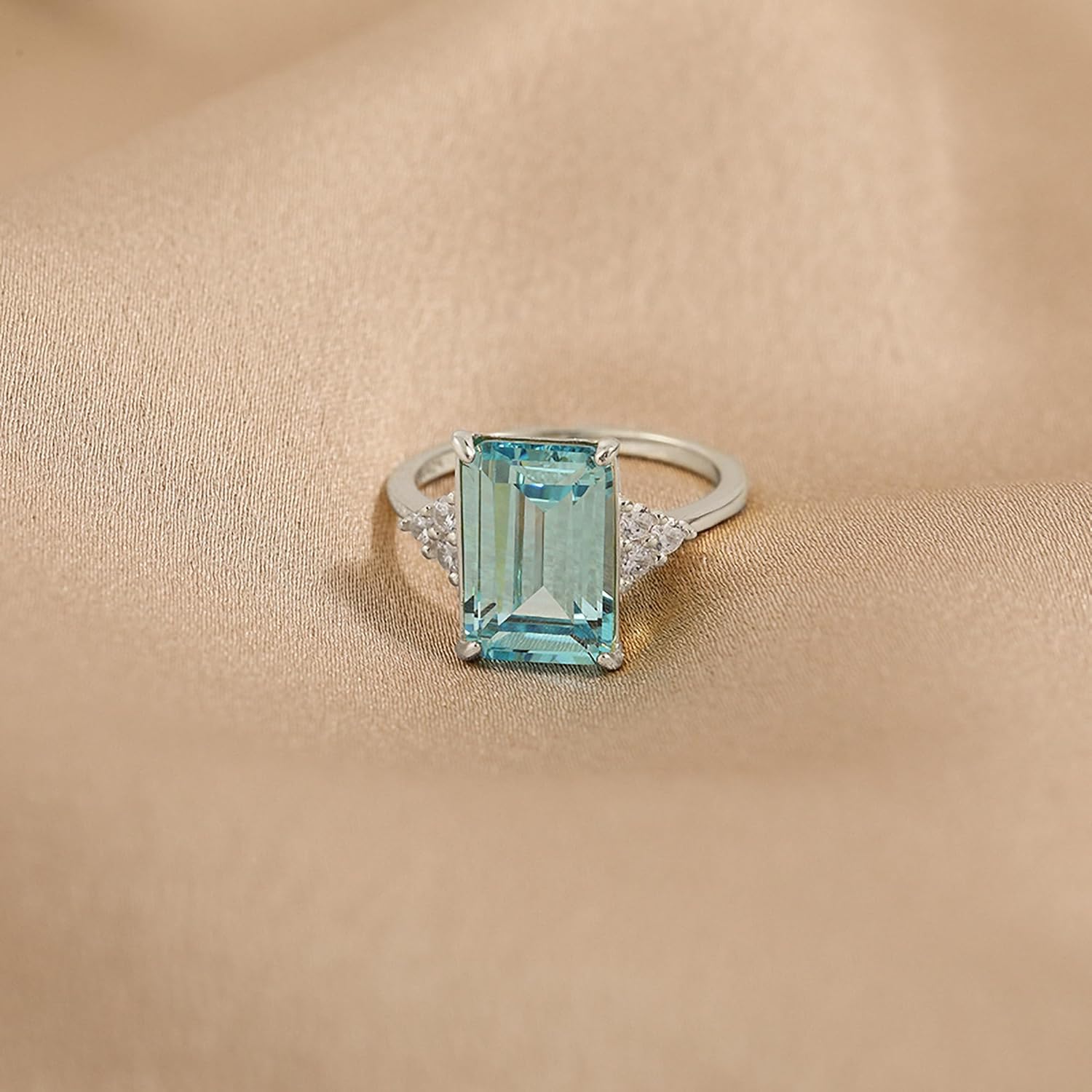 LOVECOM Sea Blue Topaz Engagement Ring 925 Sterling Silver Square Cut Aquamarine Ring March Birthstone Promise Ring for Her CZ Cubic Zirconia Wedding Ring Jewelry Birthday Gift for Mom - Image 3