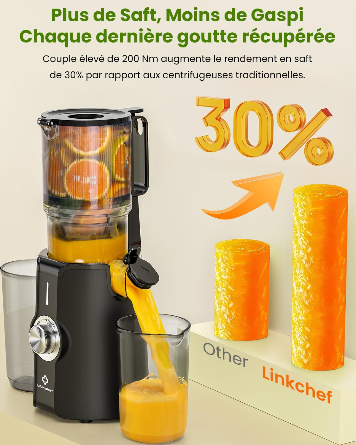LINKChef Entsafter Slow Juicer 200W Kaltentsafter 115 mm Große Öffnung BPA-freie Saftpresse Schwarz