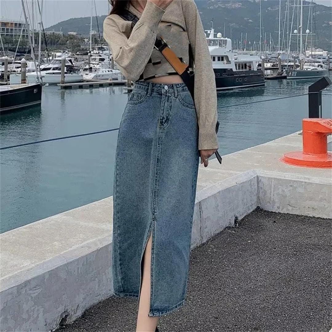 Gonne da donna estive con spacco frontale alla moda Midi Denim gonne