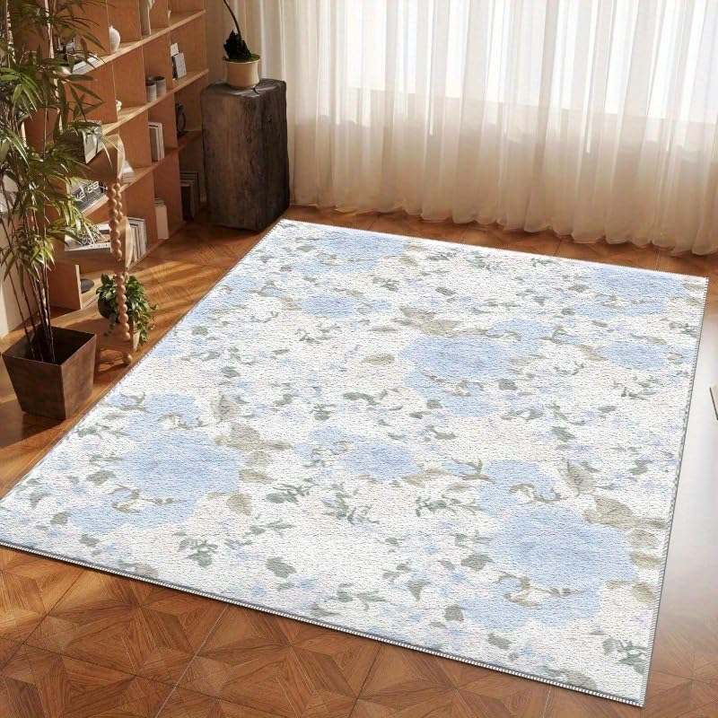 Tapis floral bleu moderne lavable résistant aux taches de salon