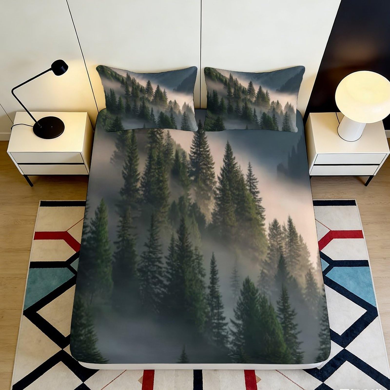 3D Printed Pine Forest Fitted Sheet Microfiber Soft Breathable Misty Mountain Mattress Cover for Bedroom Dorm Decor 90x200x25cm
