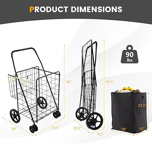 Miniatura 6 de Safstar - Carrito de compras con bolsa Oxford Liner, carrito de compras plegable de 27 galones con ruedas, cesta doble, capacidad de peso de 330