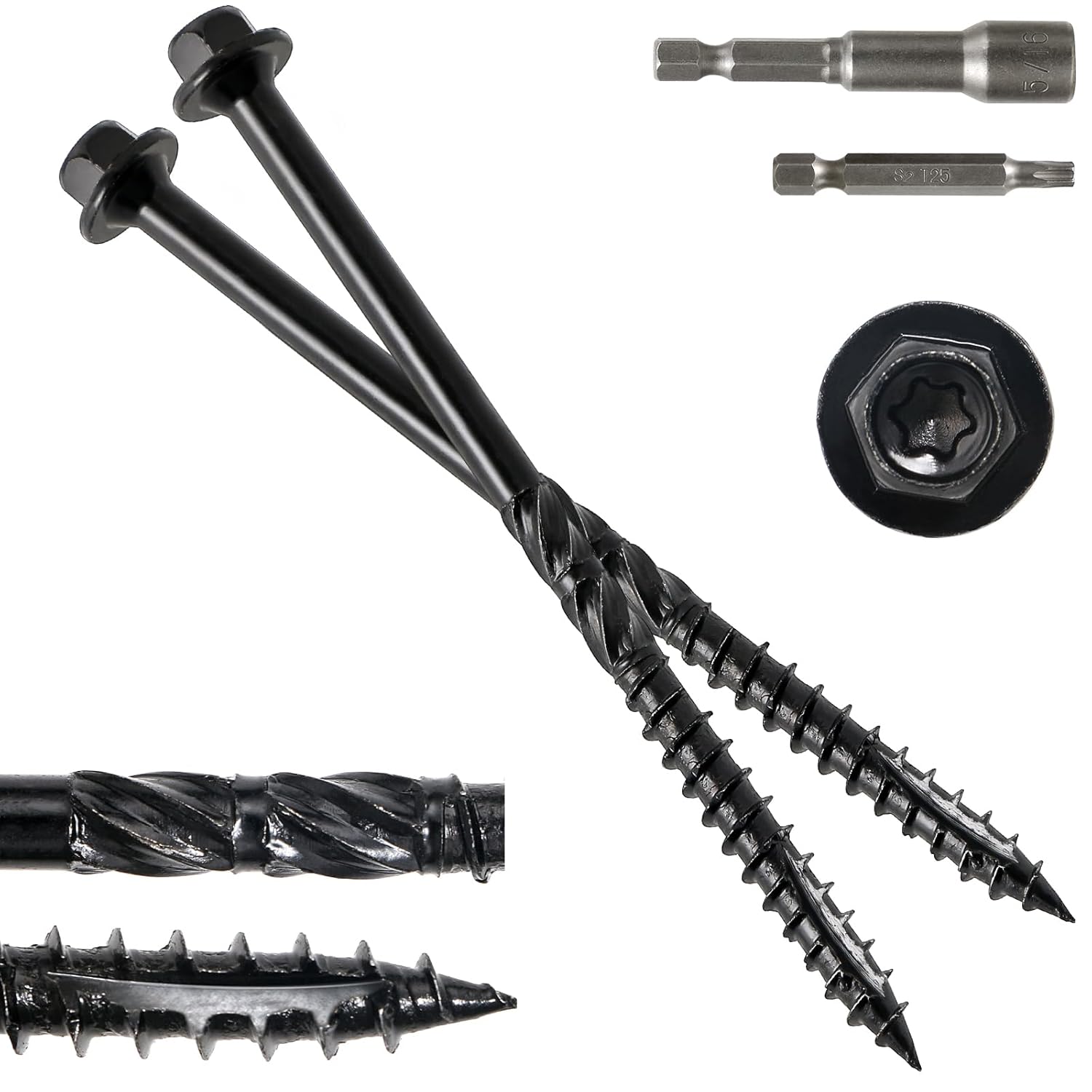 #14 x 6 Wood Structural Screws 300 Pack Hex Head Lag Screws, Rust Resistant Timber Screws for Timber/Log/Landscaping Wood (Black)