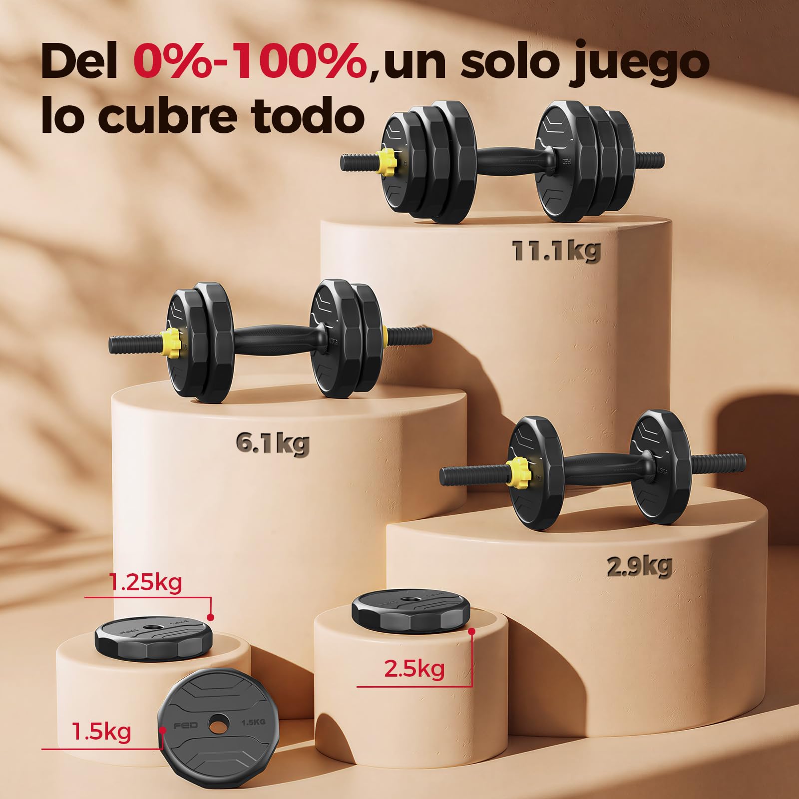 FEIERDUN 20/25/30/40KG Juego de Pesas y Mancuernas Ajustables, Kit Pesas 5 en 1 con Barra, Pesas Rusas y Soportes Para Flexiones, Equipo de Entrenamiento Progresivo para Toda la Familia