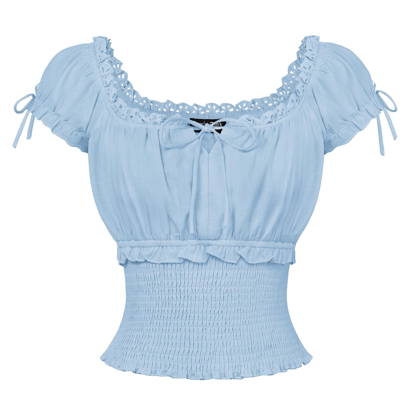 SCARLET DARKNESS Women Renaissance Cotton Short Sleeve Square Neck Top Smocked Waist U-Back Ruffled Cuff Blouses Blue XXL