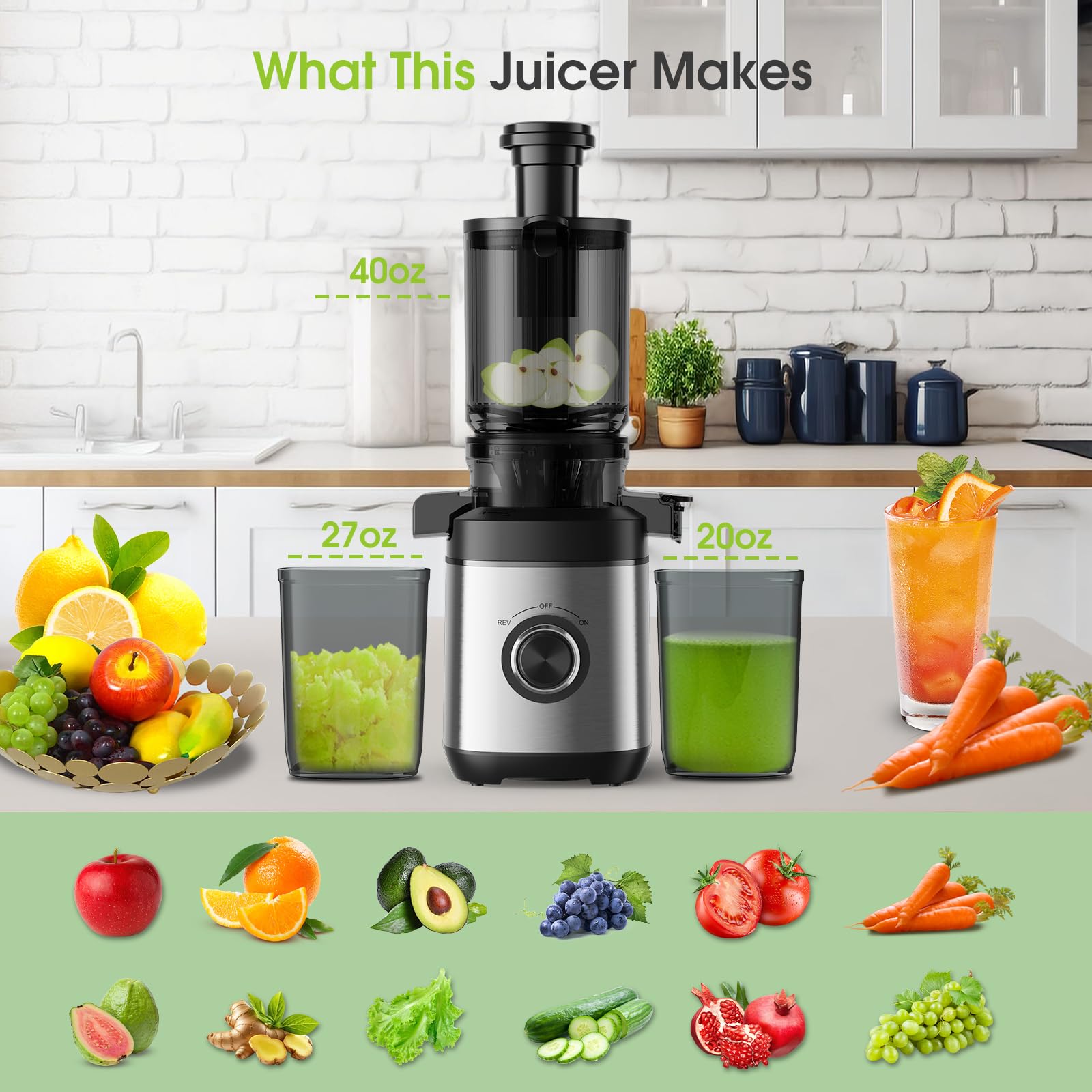 PSIIDAN Juicer Machines, Cold Press Juicer for Whole Fruit and Vegetable, Masticating Juicers, High Juice Yield, Juice Extractor Machine, BPA Free