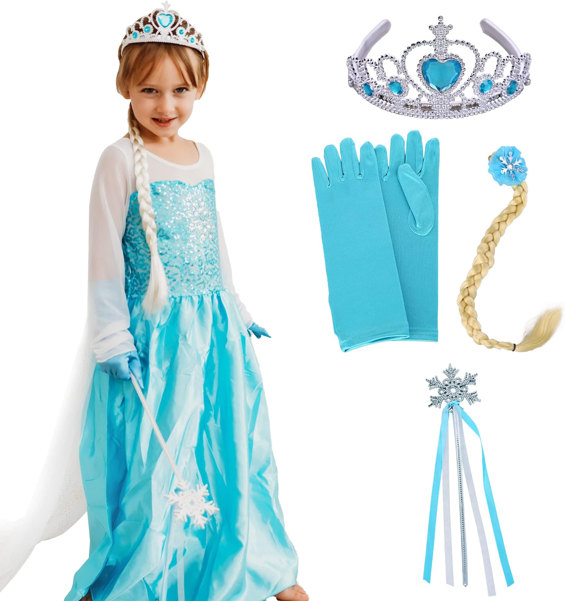 Butterfly Craze Children’s Snow Princess Costume Dress – Ice Queen Dress Up, Includes Gloves, Tiara, Blonde Braid & a Snowflake Wand, Perfect for Pretend Play, Dress-up & Birthday Parties, XS 2yrs