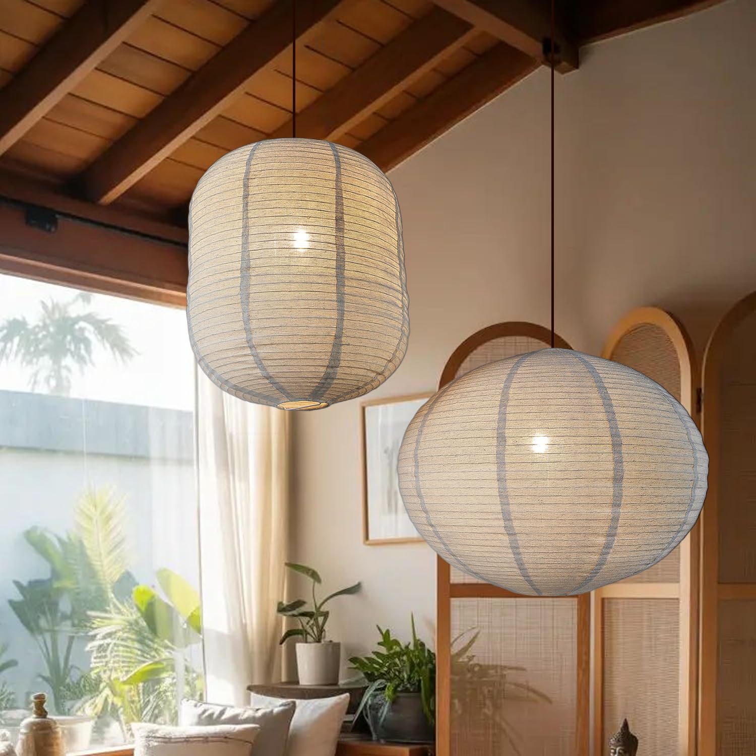 HKHDEECO 2PCS Hanging lamp Shade Oval Cylinder Linen Pendant Light Shade 20+13.5inch Hanging Fabric LampShade Beige Lanterns for Living Room, Dining Room, Bedroom Décor, Hotel, Window Display & Gift