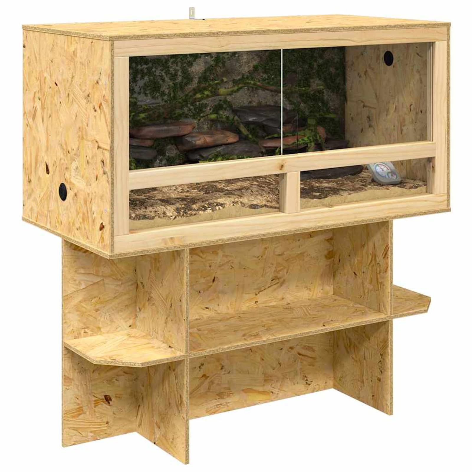 Terrario OSB Rustico per Rettili Roditori 50x50x130 cm Vetro Temperato Porte Scorrevoli con Termometro e Base