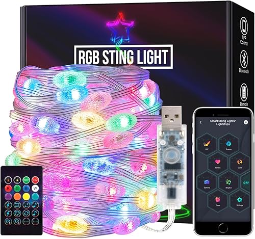 Miniatura 9 de SEZO Luces de hadas de Navidad que cambian de color WS2812B IC 16.4FT/5M 33LEDs impermeables RGB IC sincronización de música USB LED parpadeantes