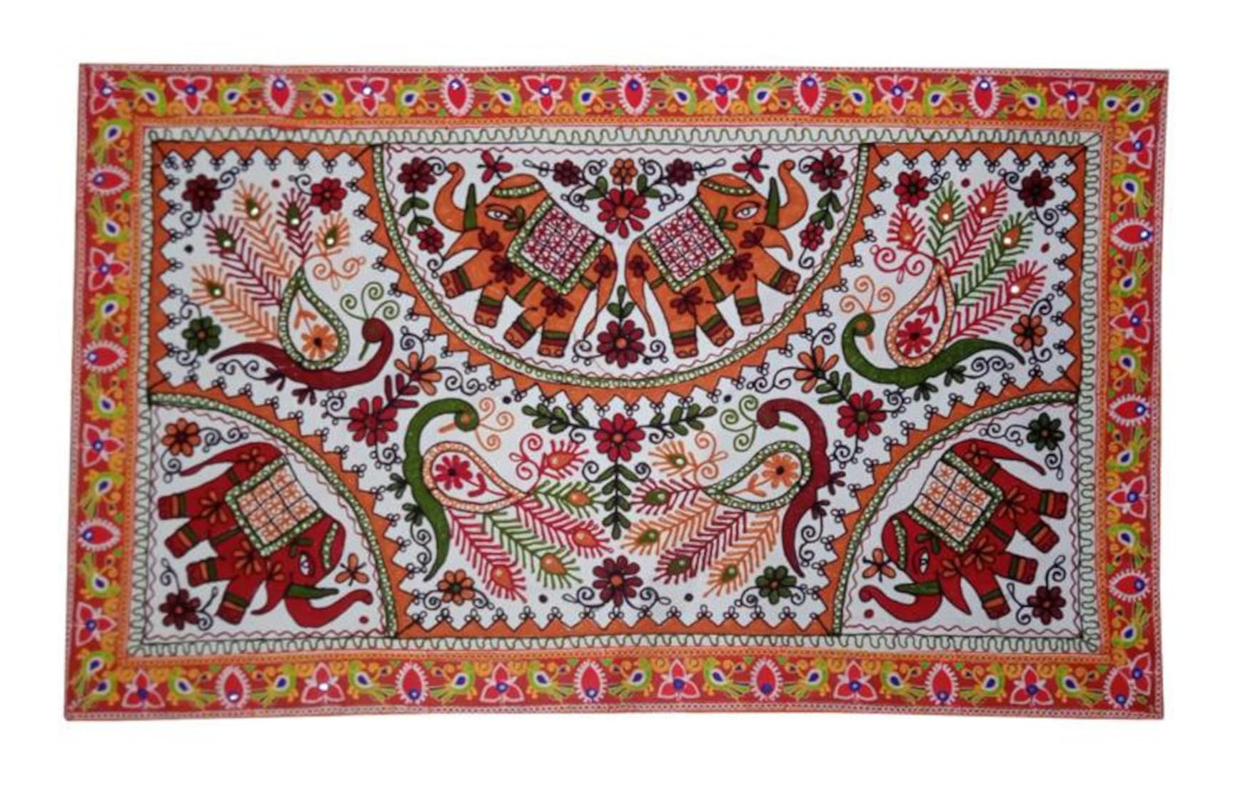 Purpledip Cotton Tapestry 'Elephant's Pride': Vintage Embroidery Table Cover Or Wall Hanging (11271A), Multicolor, 150L x 90W cm