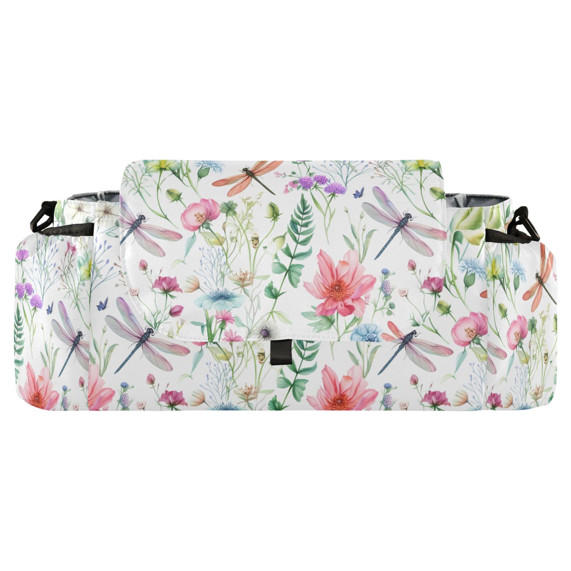 Burbuja Flowers Dragonflies Stroller Organizer with Insulated Cup Holders, Non-Slip Stroller Caddy Universal Fits Most Strollers, Nursery Accessories