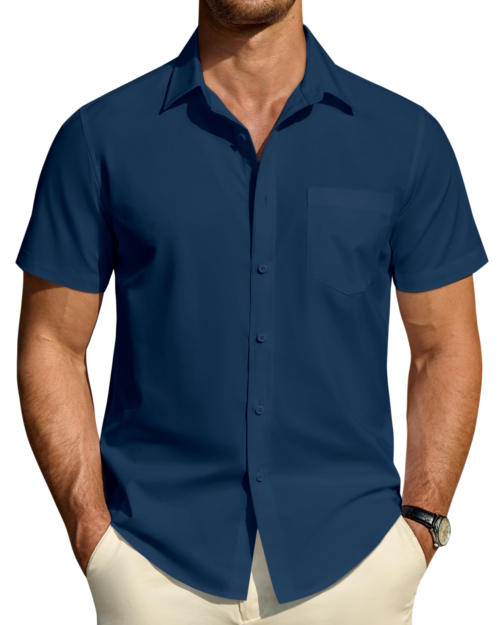 DEMEANOR Mens Short Sleeve Dress Shirts Cotton Solid Casual Summer Wedding Button Down Shirt with Pocket