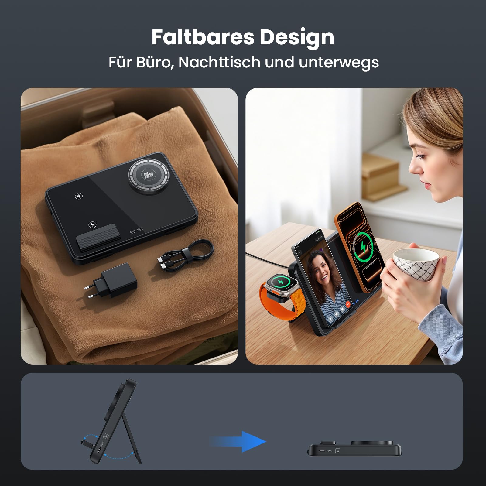 Dual Induktive Ladestation für iPhone & Samsung – Faltbarer 4-in-1 Wireless Charger mit Nachtlicht für Apple Watch & AirPods, reisefreundlich, inkl. PD 30W Adapter, Schnellladen kompatibel