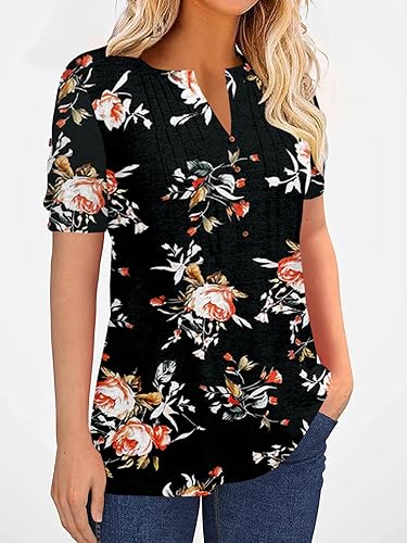 Miniatura 2 de Camiseta de verano de manga corta plisada con botones para mujer, diseño de estilo casual con cuello en V, unicolor