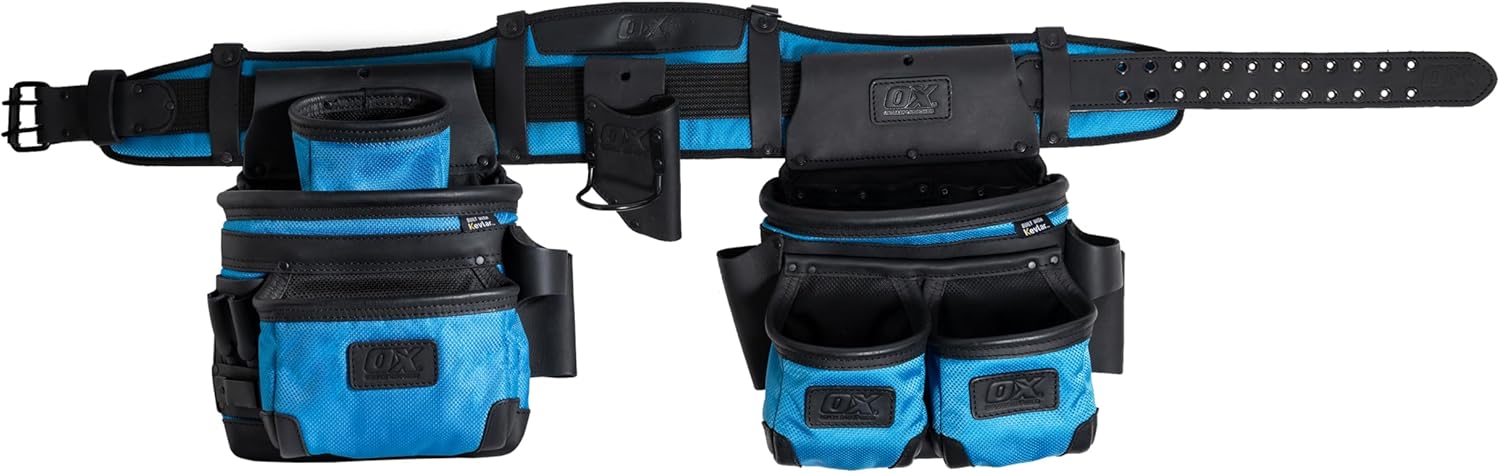 OX Tools Kevlar Reinforced Leather & Nylon Tool Belt Rig,Memory Foam Padding,Adjustable Belt,Construction,Carpentry & Electrical,Durable & Comfortable for Pros