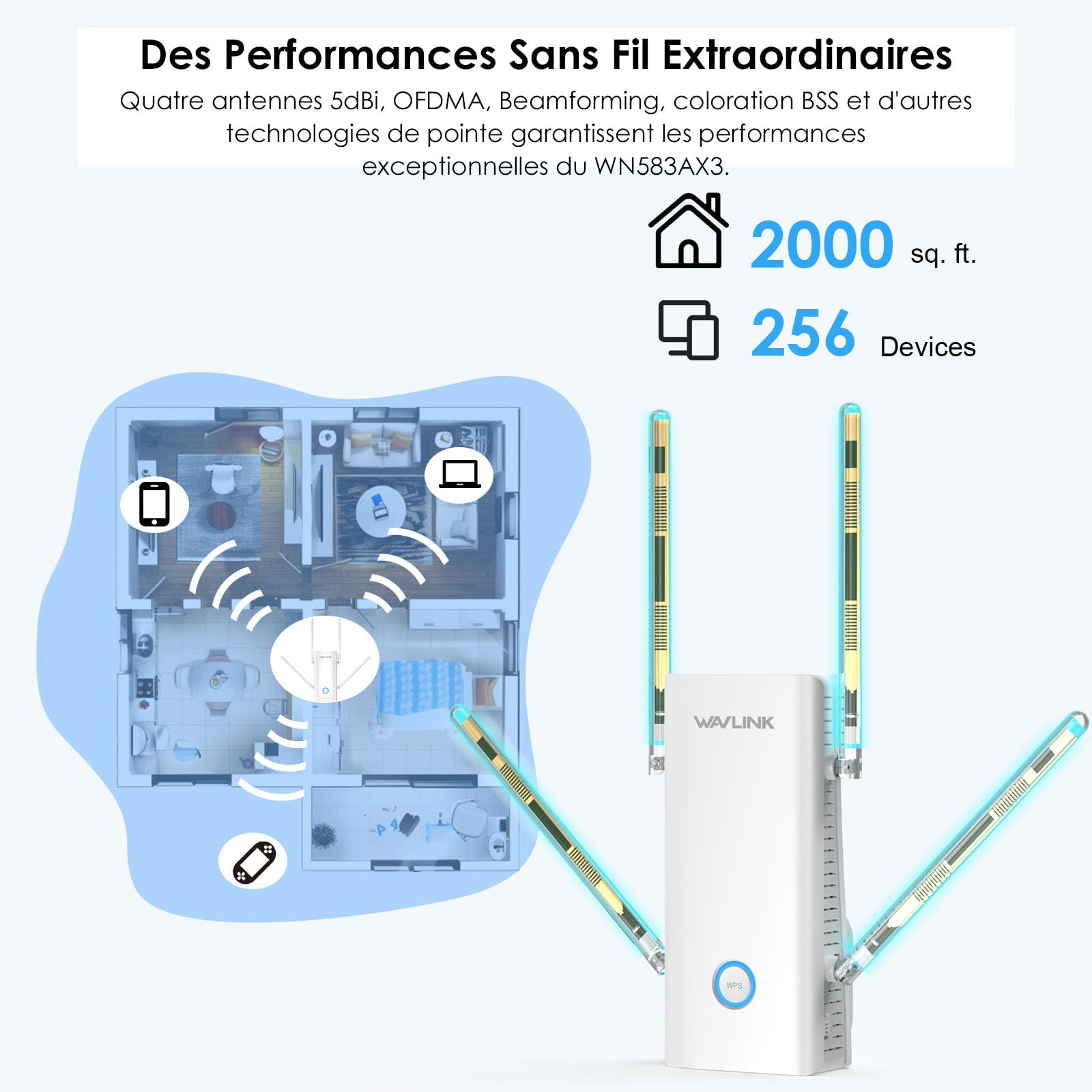 WAVLINK AX3000 Double Bande Wi-FI 6 Range Extender, amplificateur WiFi Extender, répéteur WiFi avec Port Gigabit, 4 antennes 5 dBi, Prend en Charge Le Mode répéteur/AP/routeur/Maille, Installation