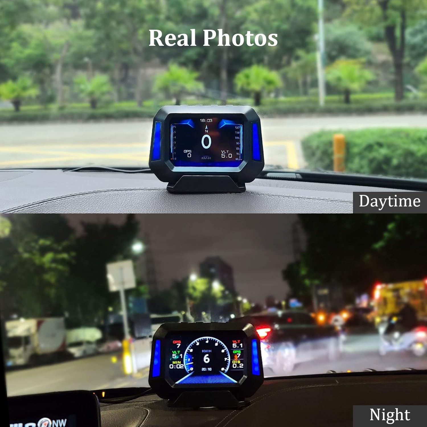 AMROOLOO Head-Up Display installed on a car dashboard during daytime and nighttime driving conditions