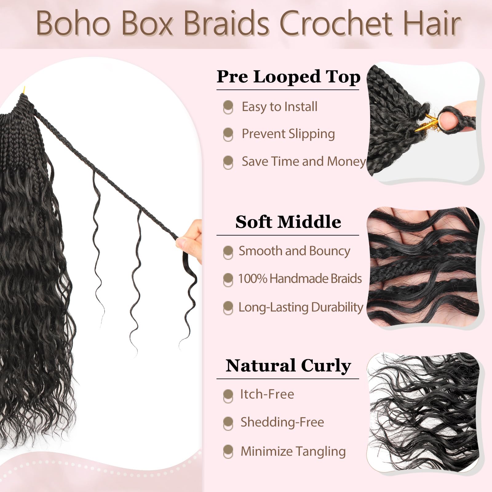 Enbeautiful Boho Box Braids Crochet Hair 18 Inch Pure Protein Fiber Goddess Box Braids Close to Human Hair 8 Packs Pre-Looped Bohemian Braiding with Curly Hair Extensions for Women(18 Inch,1B)