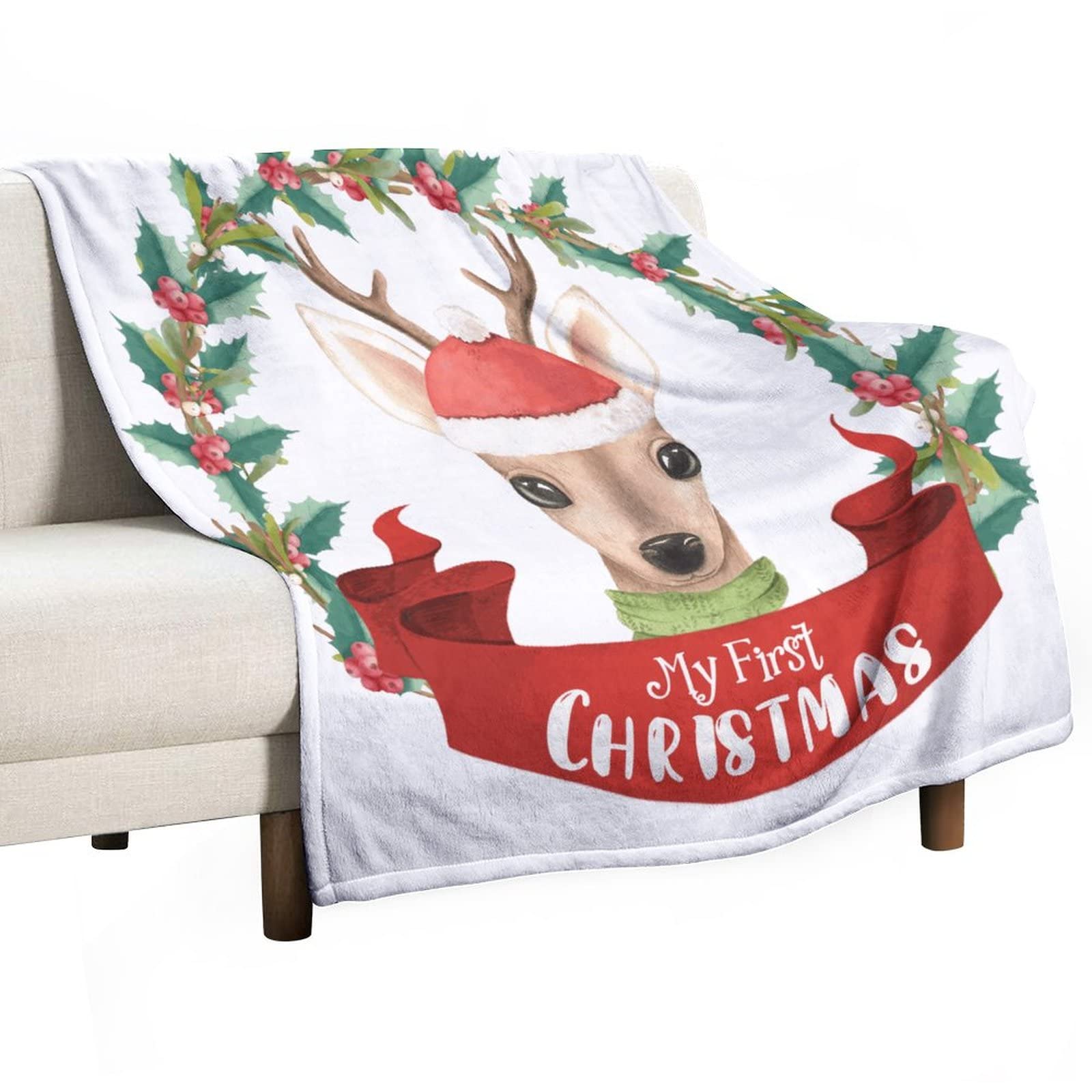 Couverture Noël canapé en flanelle plaid cerf couronne pour s'emmitoufler en hiver