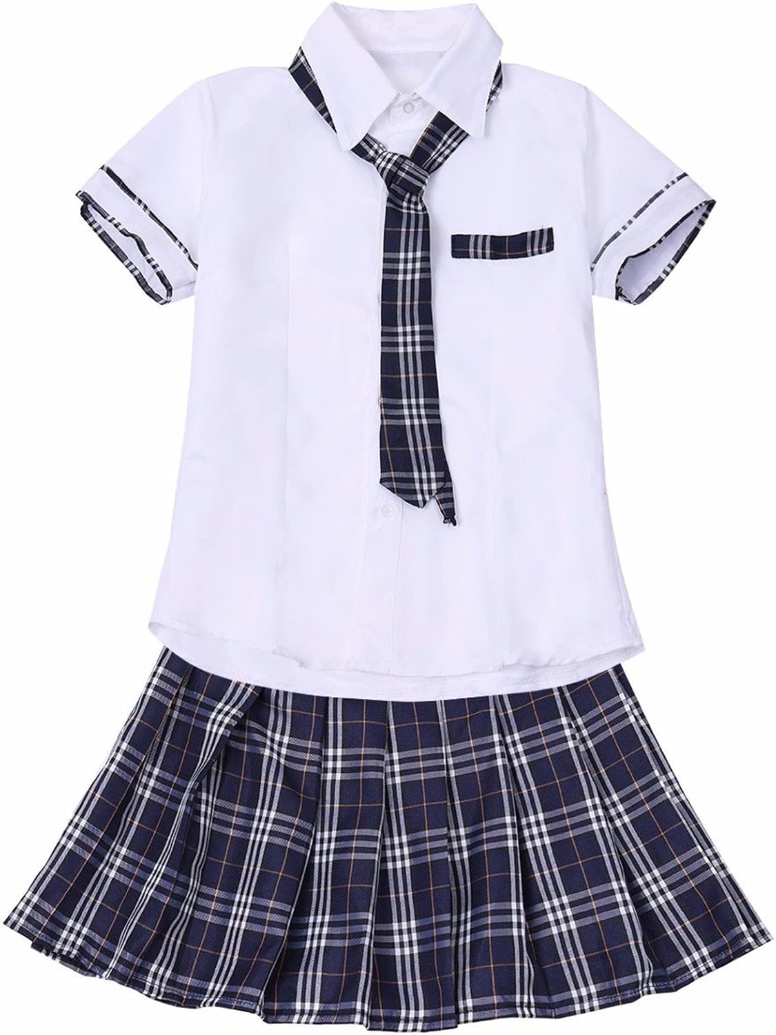 3Pcs Womens School Uniform Outfit Halloween Role Play Costume Shirt Top with Plaid Pleated Skirt Set - Image 5