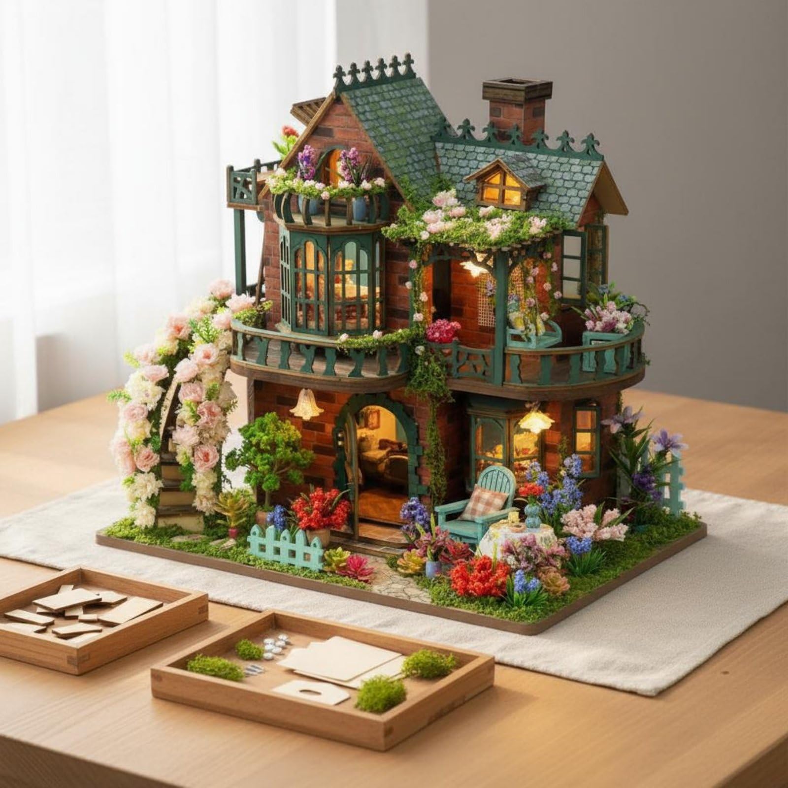 Casa in Miniatura Fai da Te Villa Kit Modello Casetta Diorama con Arredamento Completo E Luci LED Calde per Scena Notturna Materiali Legno Tessuto Carta Adatta per Collezionisti Hobbisti Casa