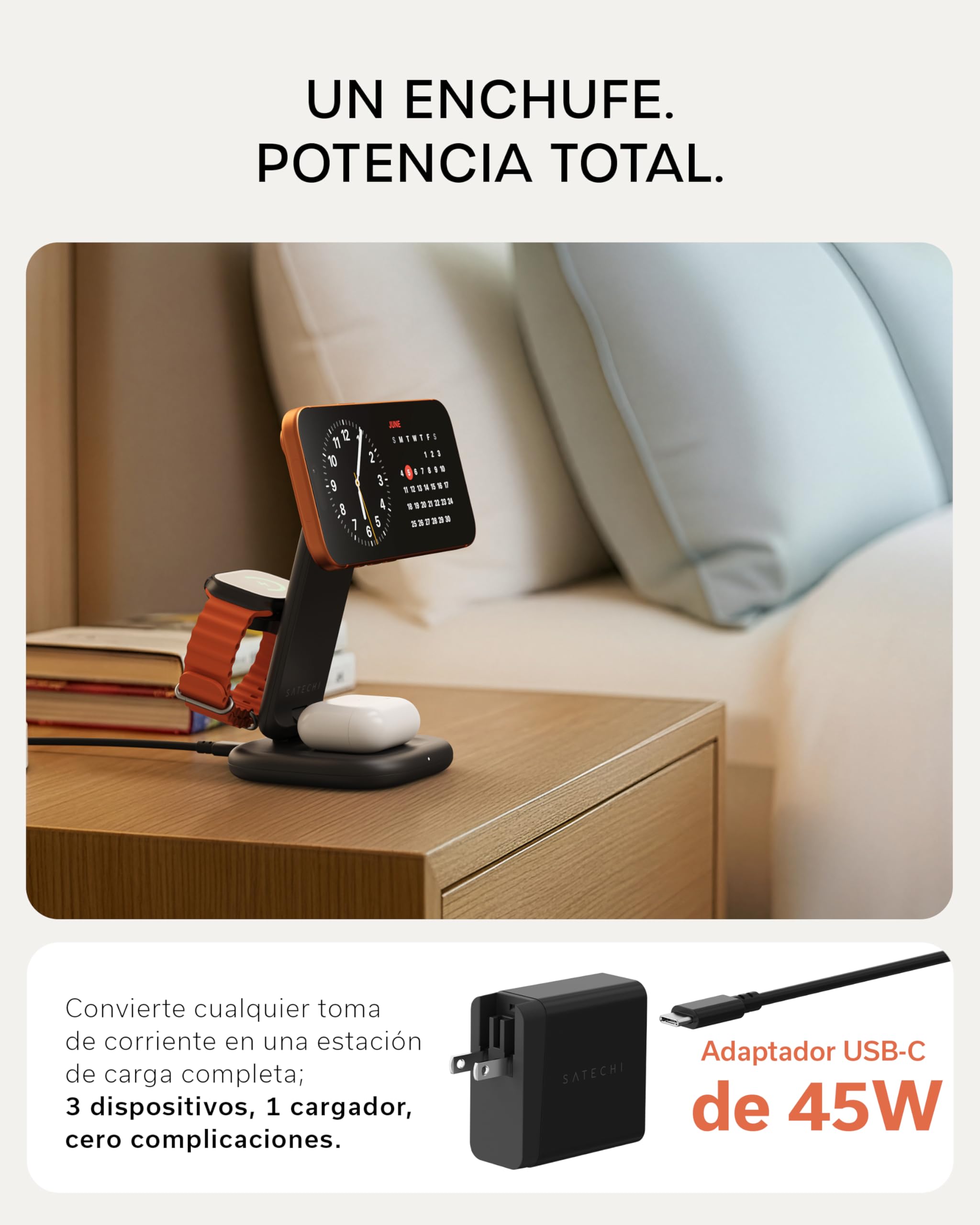 SATECHI Cargador Magnético Qi2 3 en 1 Plegable, 25W, Negro Espacial | Adaptador USB-C 45W incluido, para iPhone 17, Apple Watch Series 11, AirPods