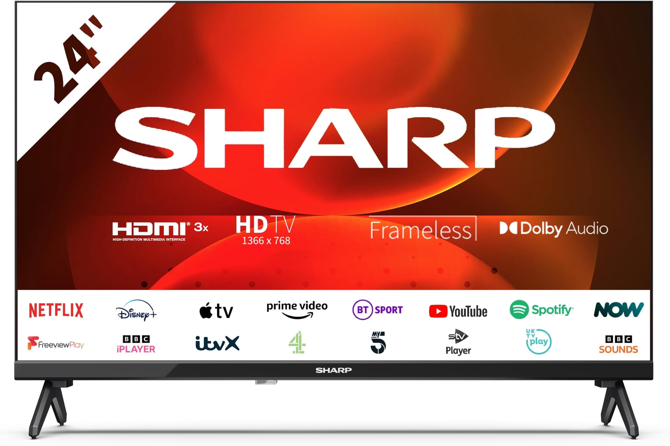 SHARP 24FH6KA 24-Inch HD Ready Smart Frameless Android TV™ in Black with Active Motion 400, HDR10 Support, Chromecast, Google assistant, DTS VirtualX Freeview Play, Pre-Installed Apps, 3x HDMI, 2x USB