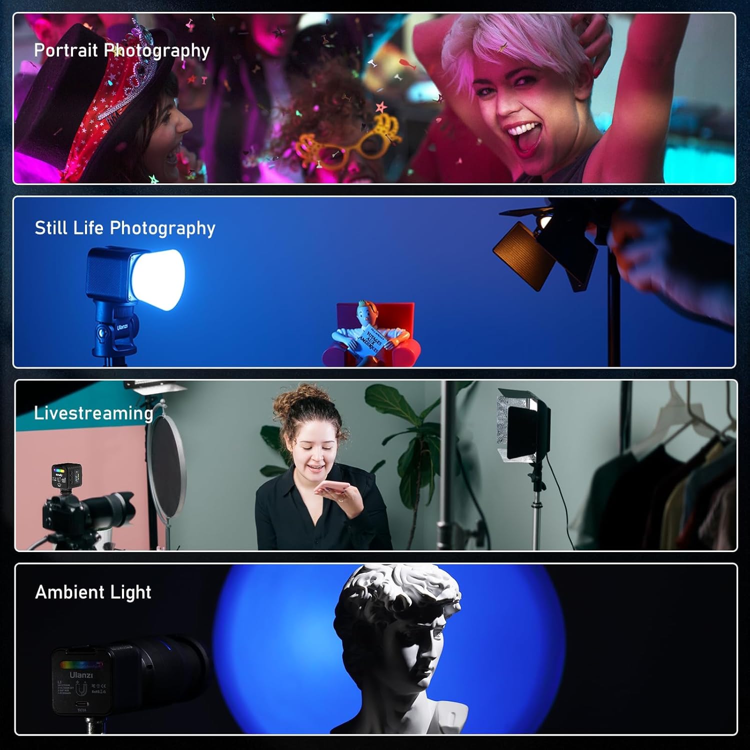 ULANZI L3 RGB LED Video Light, Magnetic Camera Lighting Kit 2700K-7000K Mini Cube COB Light Dimmable Photography Fill Light with Barndoor, Fresnel Lens Cold Shoe for Smartphone,Action,DSLR Camera