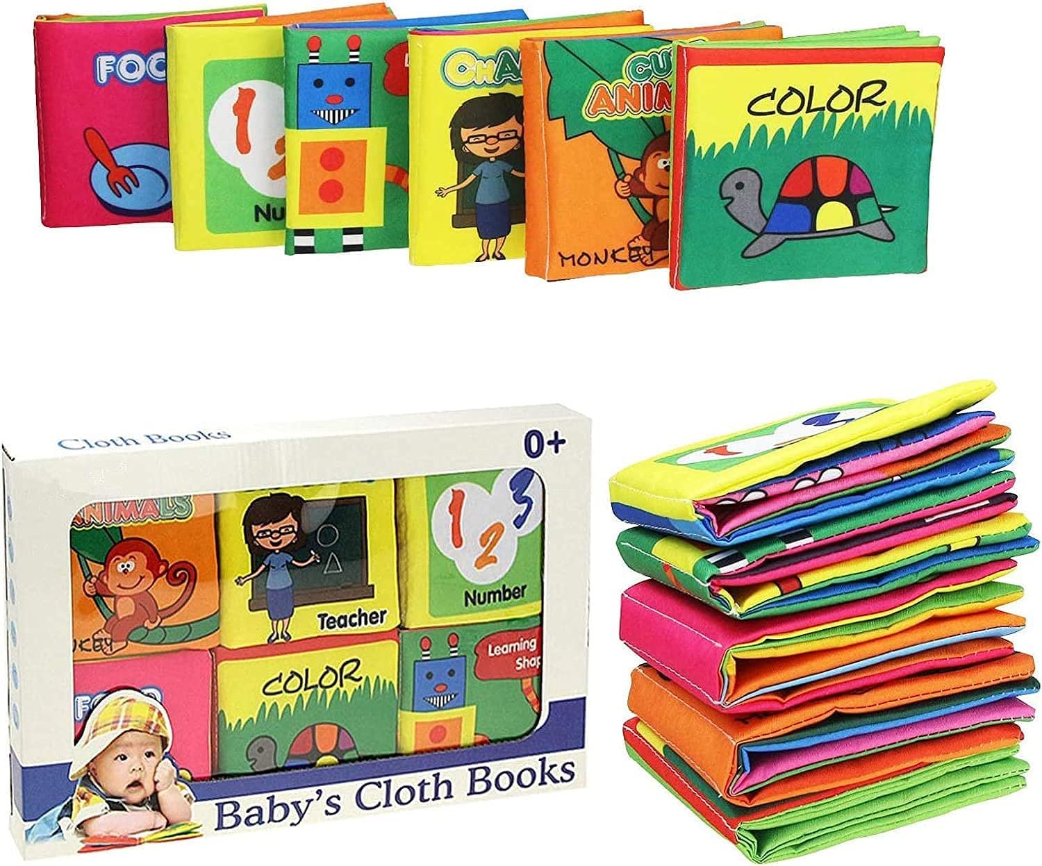 Mumoo BearBaby's First Non-Toxic Soft Cloth Book Set - Squeak, Rattle, Crinkle,Colorful - Pack of 6