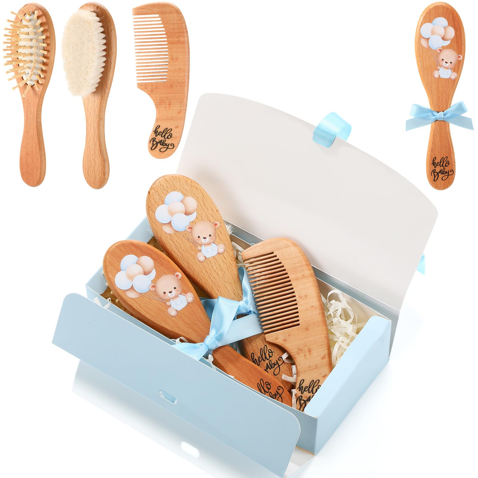 Teenyyou - Juego de 3 cepillos y peines para el pelo de bebé, kit de aseo para recién nacidos con caja de regalo, cepillo de madera para la costra láctea de niños pequeños con cerdas suaves para niños y niñas, regalos para baby showers.
