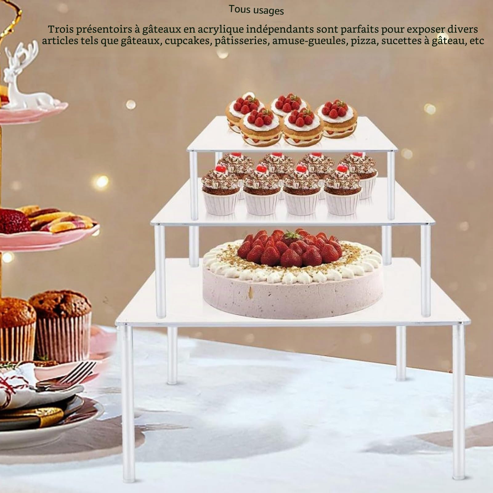 3Pcs Présentoir à Gâteau en Acrylique Transparent, 20 cm 25 cm 30 cmSupports à Gâteaux Carrés, Support d'exposition Cupcakes, pour Pizza, Dessert, Noël, Mariage, Anniversaire, Fête De Thé
